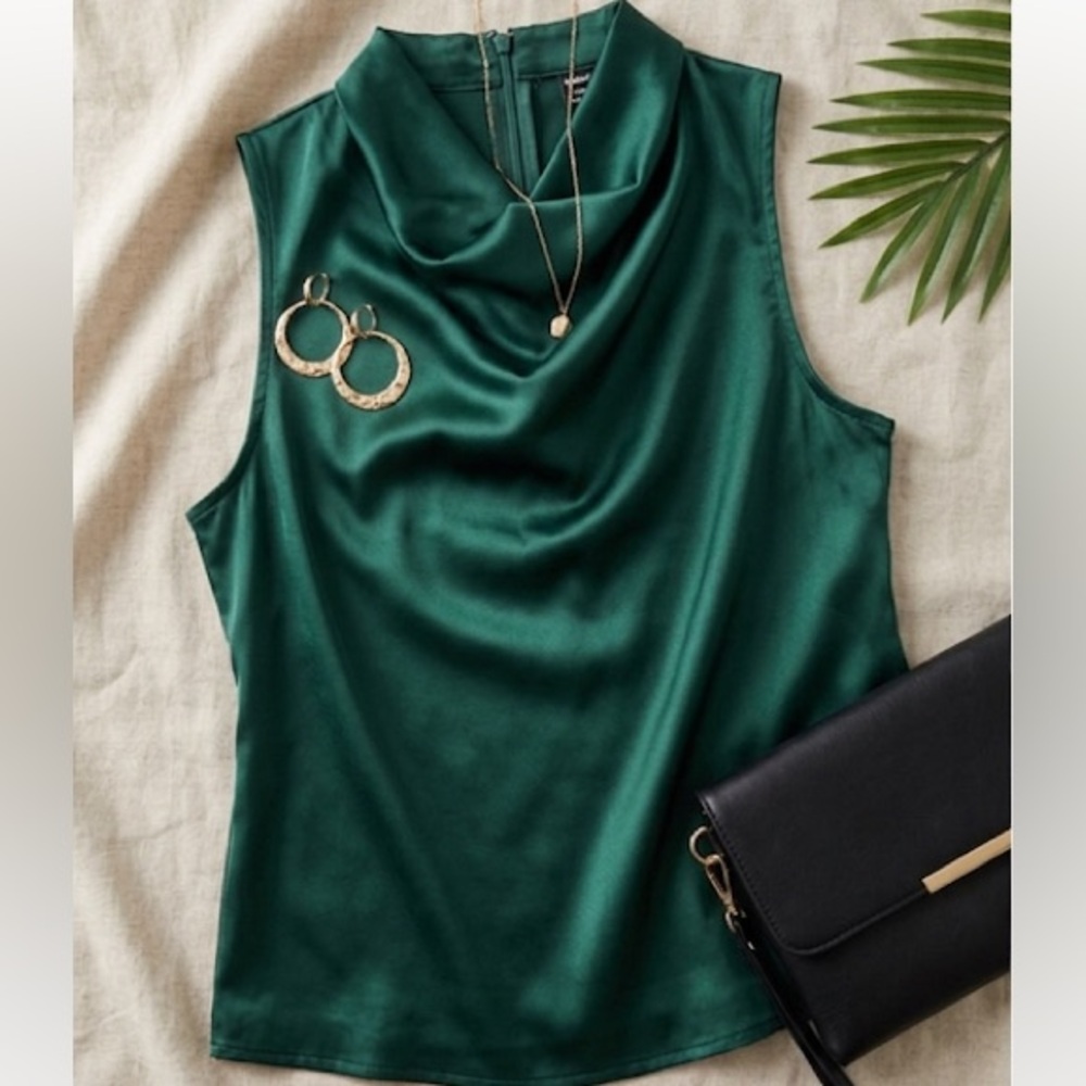 Beautiful Deep Emerald Green Satin Blouse!
